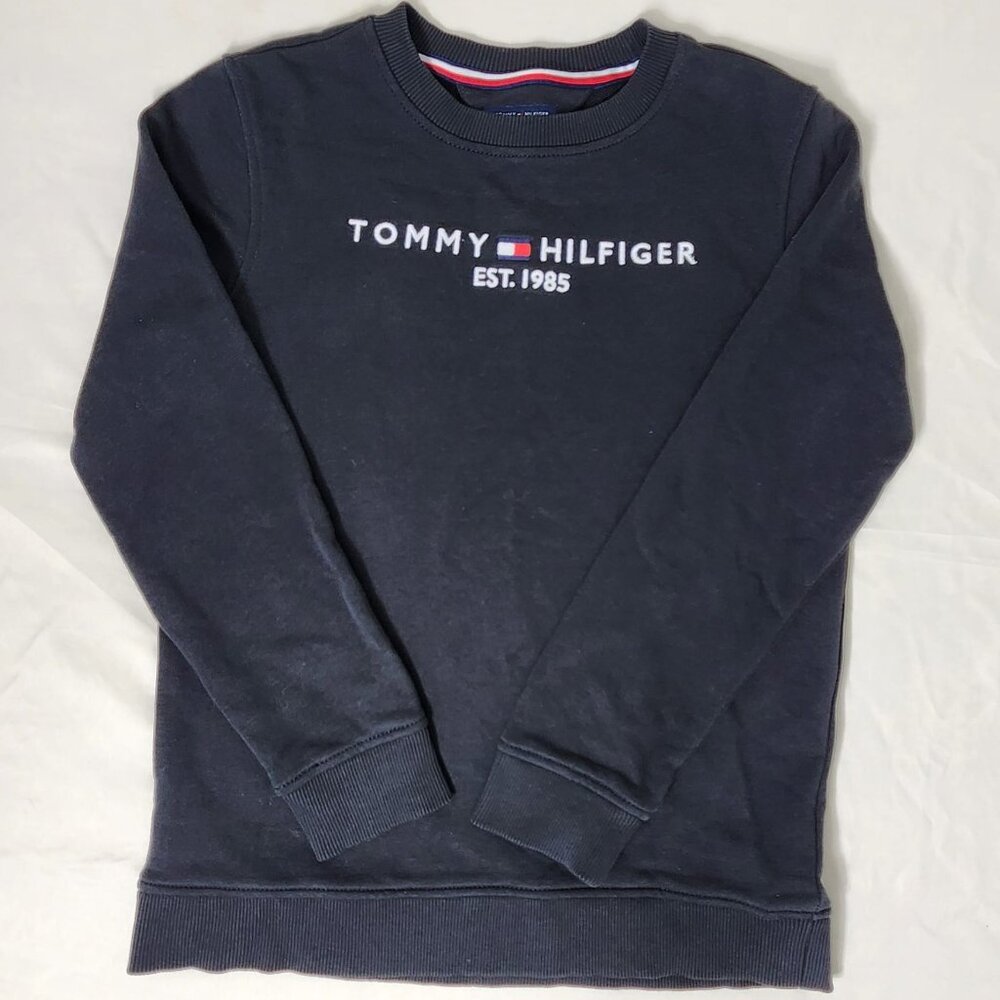Tommy Hilfiger Kids Sweatshirt L 12-14 Black Crewneck Logo Pullover Cotton Blend